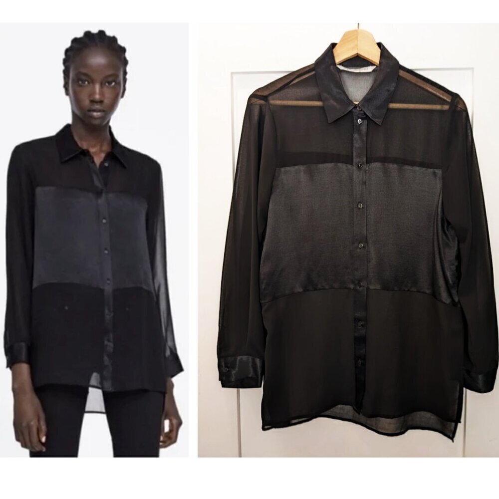 Zara | Sheer satin panel blouse in black